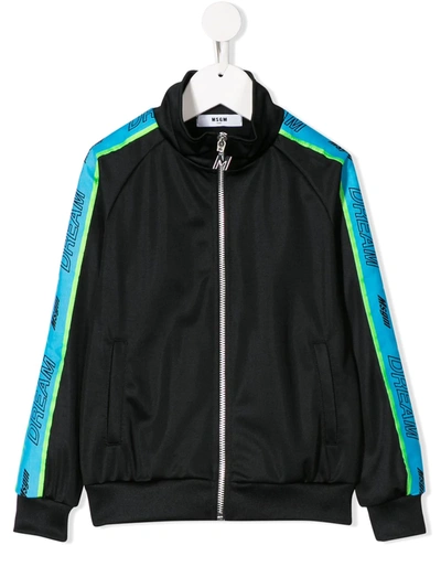 Msgm Kids' Zip Up Logo Stripe Track Jacket In Black