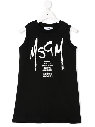 Msgm Kids' Sleeveless Logo Print Dress In Nero