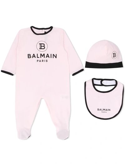 Balmain Logo Print Babygrow Set In Black Pink