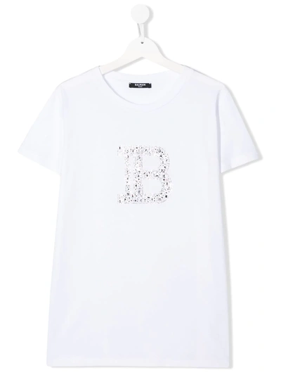 Balmain Kids' Crystal-embellished Branded T-shirt In Bianca