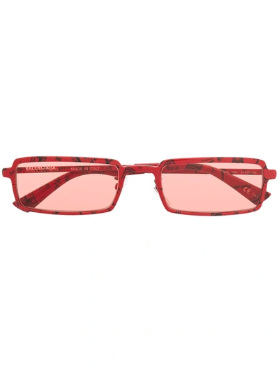 Balenciaga Paris Print Rectangular-frame Sunglasses In Red