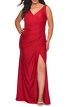 La Femme Ruched Jersey Trumpet Gown In Red