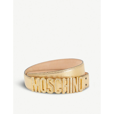 Moschino Crystal-embellished Logo Metallic Leather Belt In Gold