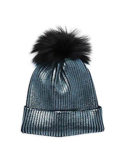 Adrienne Landau Fox Fur Pom-pom Metallic Beanie