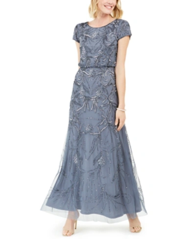 Adrianna Papell Petite Blouse Sequin Gown In Dusty Blue