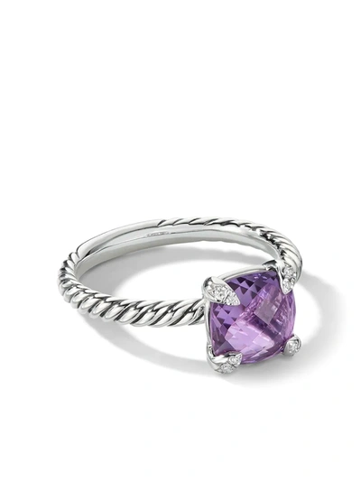 David Yurman Chatelaine Cushion Ring With Gemstone And Diamonds In Silver, 8mm In Amethyst