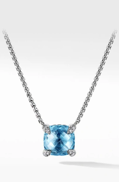 David Yurman Chatelaine Cushion Pendant Necklace With Gemstone And Diamonds In Silver, 8mm, 16-18"l In Blue Topaz