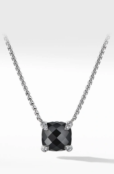 David Yurman Chatelaine Cushion Pendant Necklace With Gemstone And Diamonds In Silver, 8mm, 16-18"l In Black Onyx