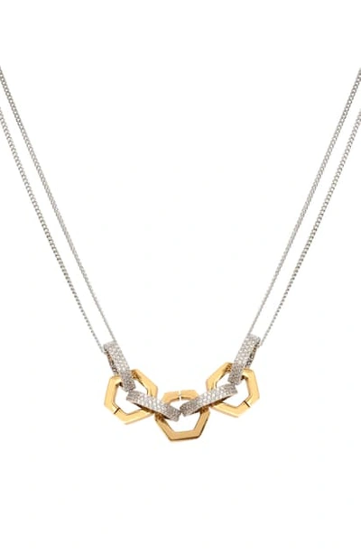 Allsaints Two-tone Pave Hexagon Link Double-chain Statement Necklace, 15-17 In Crystal/ Gold/ Rhodium