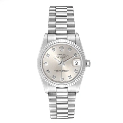 Pre-owned Rolex Silver 18k White Gold And Diamond President Datejust 68279 Women's Wristwatch 31mm