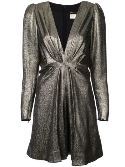 Saint Laurent V-neck Metallic Dress In Gold