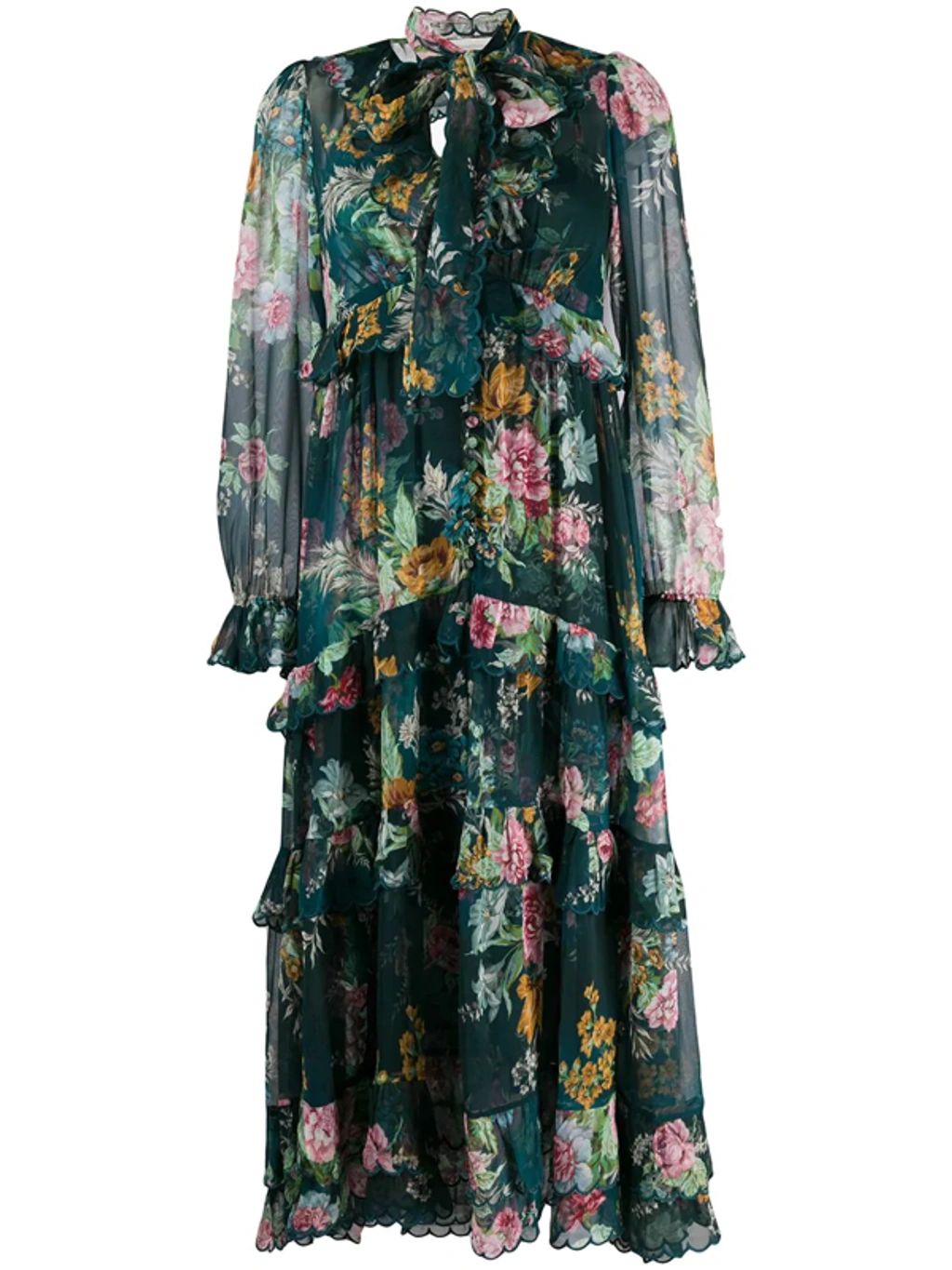 Zimmermann Wavelength Scallop Tiered Floral-print Silk-chiffon Midi Dress  In Green | ModeSens
