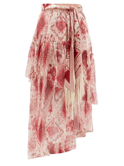 Zimmermann Tasseled Ruffled Printed Silk-crepon And Twill Midi Skirt In Pink