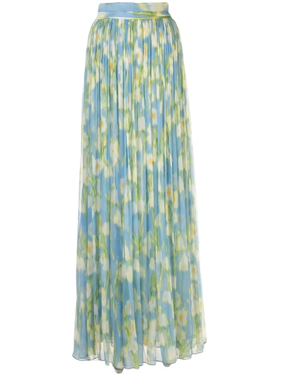 Carolina Herrera Floral-print Plissé-silk Georgette Maxi Skirt In Sky Blue