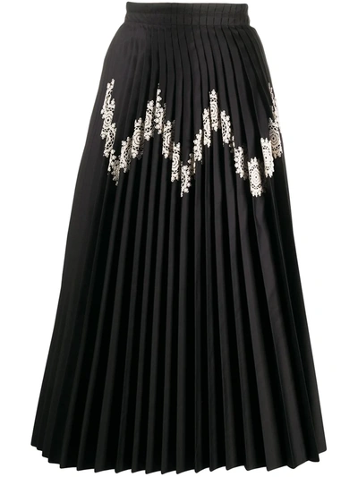 Jil Sander Chevron-lace Pleated Satin Midi Skirt In Black