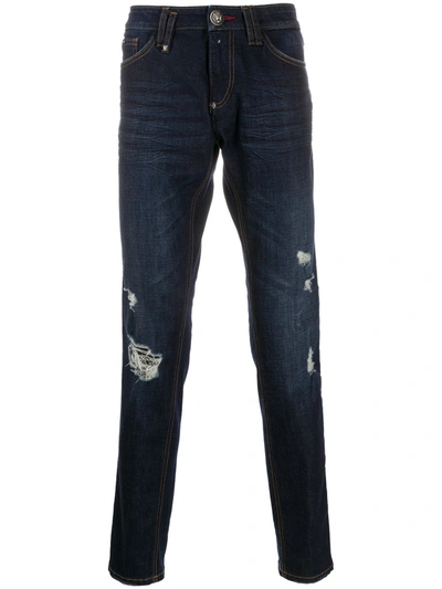 Philipp Plein Distressed Mid-rise Slim-fit Jeans In Blue