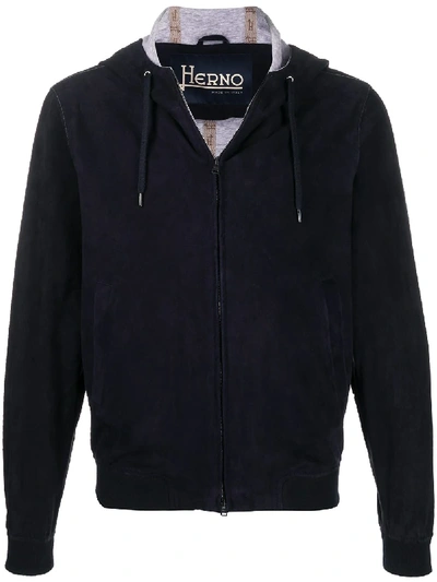 Herno Suede Zipped Hooded Jacket In 蓝色