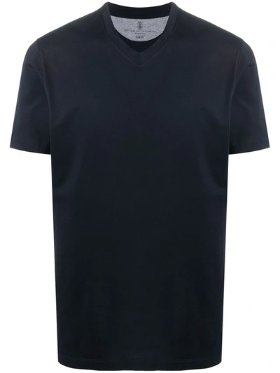 Brunello Cucinelli Navy Blue Cotton Blend Sweat T-shirt In Dark Blue