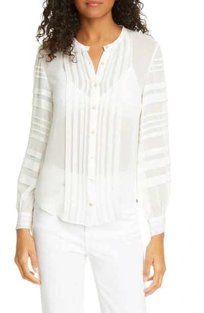 Rebecca Taylor Pintuck Long Sleeve Silk Chiffon Blouse In Snow