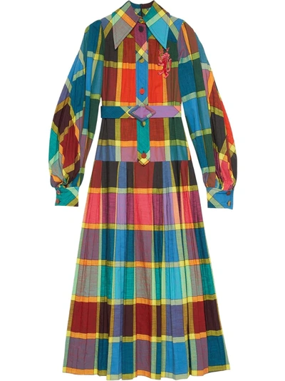 Gucci Check Print Belted Dress In Blue