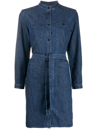 A.p.c. Corine Stand-collar Belted Denim Dress In Indigo Délavé