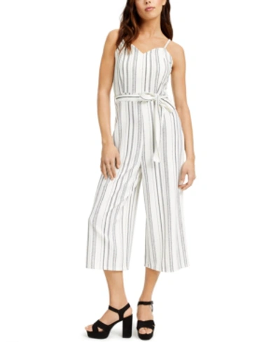Almost Famous Juniors' Belted Striped Jumpsuit In Cream/black