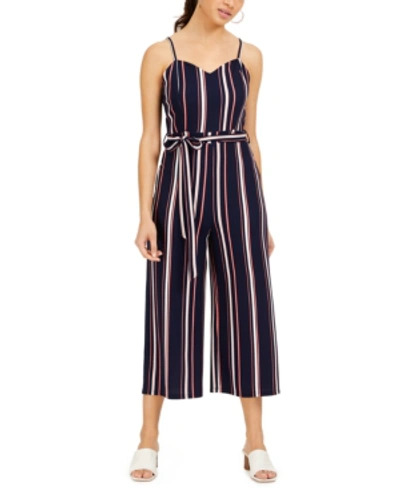 Almost Famous Juniors' Belted Striped Jumpsuit In Navy/coral