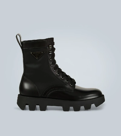 Prada Chunky-sole Leather-trimmed Boots In Black