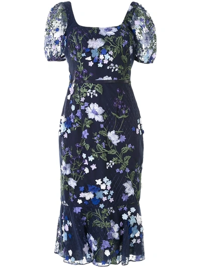 Marchesa Notte Paneled Embroidered Corded Lace And Tulle Midi Dress In Navy
