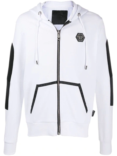 Philipp Plein Ribbed Panel Zipped Hoodie In White