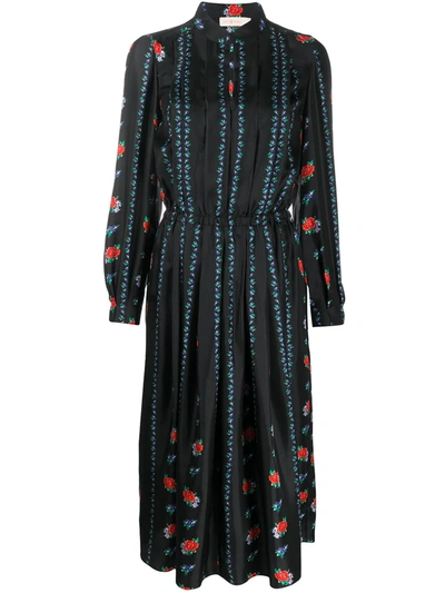 Tory Burch Pleated Floral-print Silk-satin Twill Midi Dress In Heirloom Stripe