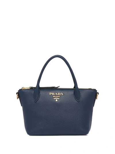 Prada Double Handle Leather Tote Bag In Blue