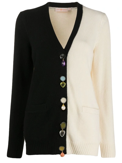 Tory Burch Colour Block Embellished Cardigan In Black | ModeSens