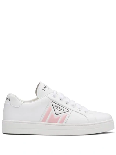 Prada Printed Logo Calf Leather Sneakers In Bianco + Pesco