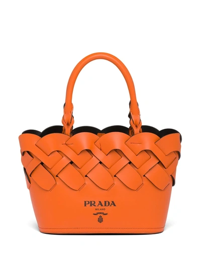 Prada Orange Vitello Woven Leather Tote Bag