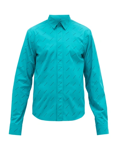 Balenciaga Logo-print Cotton-poplin Shirt In Blue