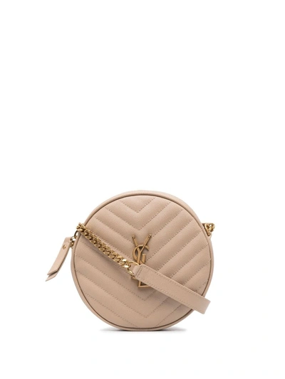 Saint Laurent Vinyle Ysl Round Quilted Grain De Poudre Crossbody Bag In Dark Beige