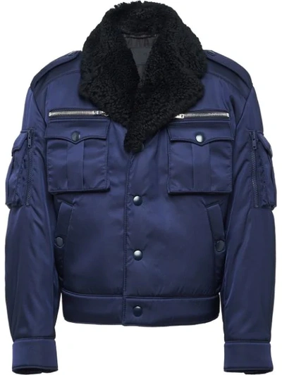 Prada Shearling Lapels Bomber Jacket In Blue
