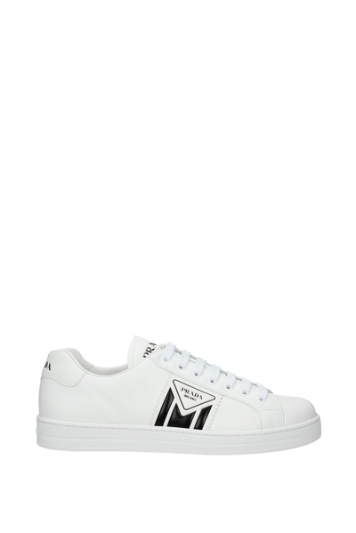 Prada Printed Logo Calf Leather Sneakers In White