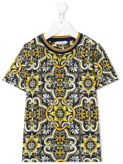 Dolce & Gabbana Kids' Maiolica Print Short-sleeved T-shirt In Blue
