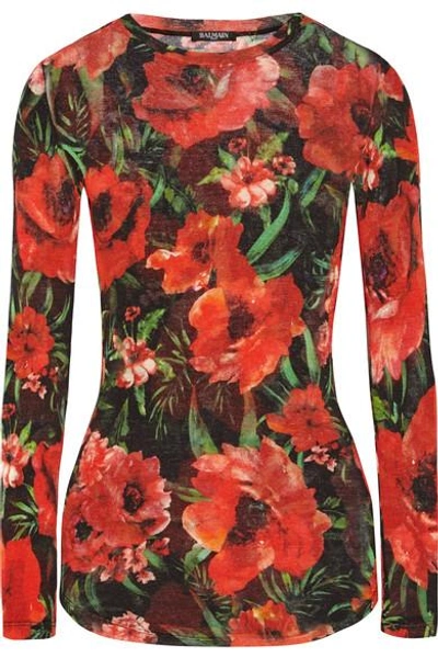 Balmain Floral-print Wool-blend Top In Red