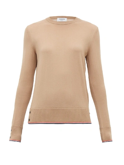 Thom Browne Tricolor Trim Cashmere Sweater In Camel