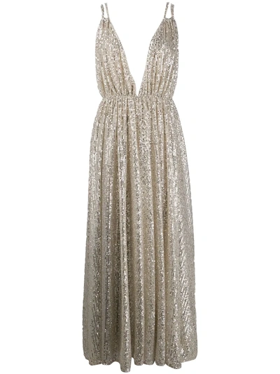 Amen Sequinned Plunge Gown In Silver