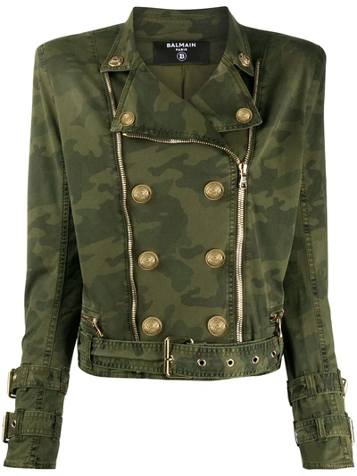 Balmain Camouflage Print Military Jacket In Green