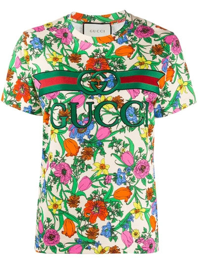 Gucci “flora Pop”logo印花平纹针织t恤 In Multi