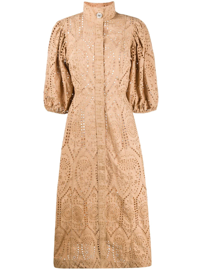 Ganni Crystal-button Puff-sleeve Broderie-anglaise Dress In Tannin