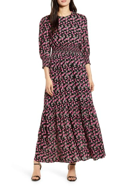 Wayf Floral Print Smocked Waist Maxi Dress In Black Roses