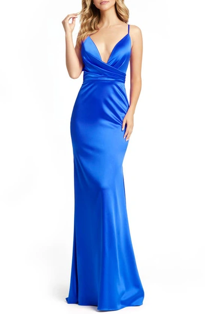Mac Duggal Faux Wrap Trumpet Gown In Royal