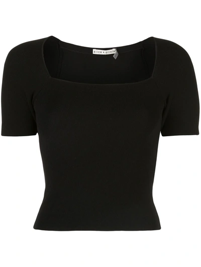 Alice And Olivia Brynn Square Neck Short Sleeve Sweater In Black