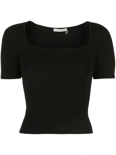 Alice And Olivia Brynn Square Neck Short Sleeve Jumper In Black